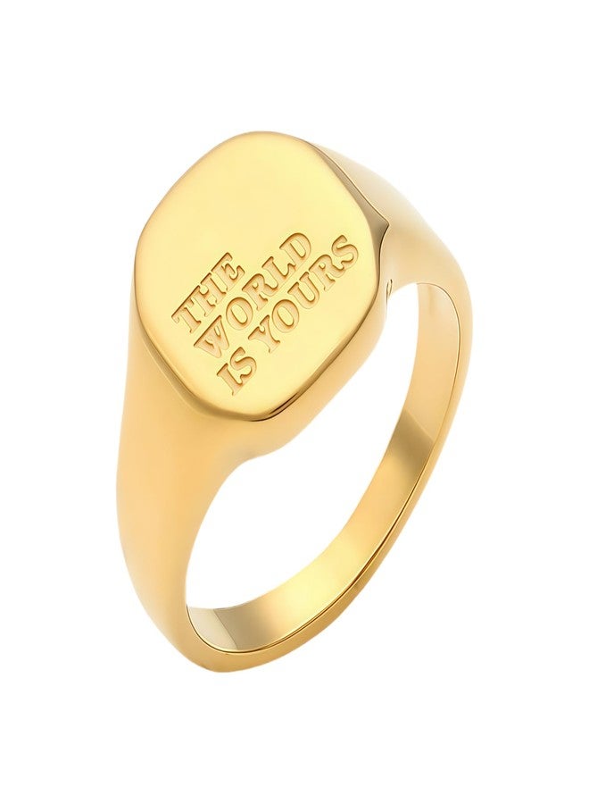 BlingNook Chunky Gold Rings For Women, The World Is Yours Lettering Stainless Steel Engraving Non Tarnish Stackable Engagement Statement Trendy Birthday Jewelry Gift (Gold Lettering, 7) - Image 1
